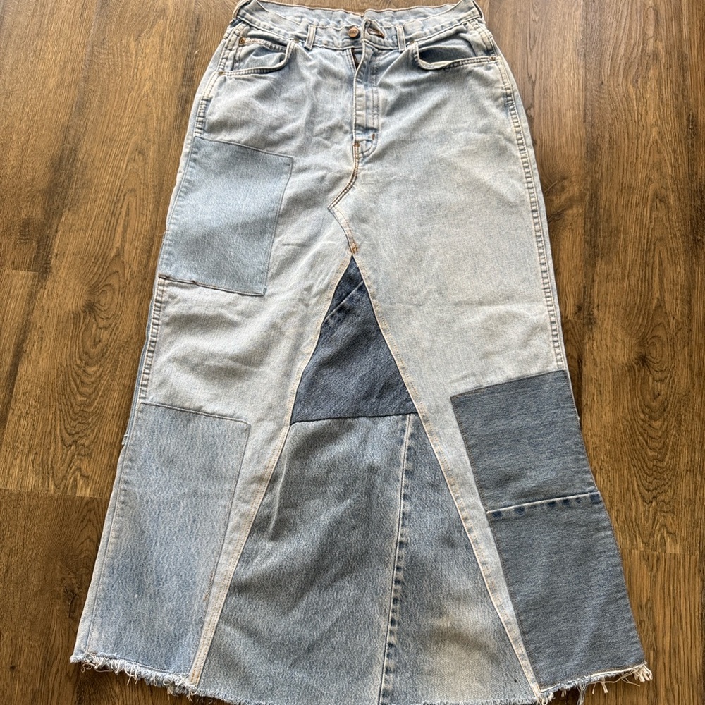 Chic Patchwork Denim Skirt - Light and Dark Blue Maxi